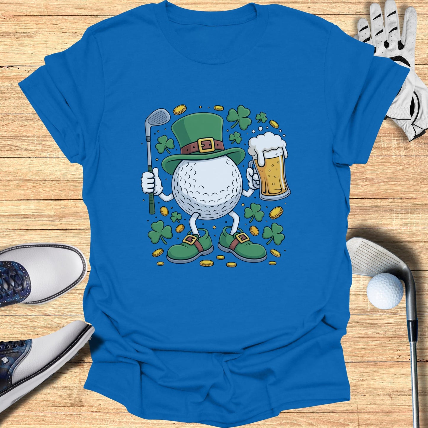 Golf ball character in leprechaun costume holding a golf club and beer.