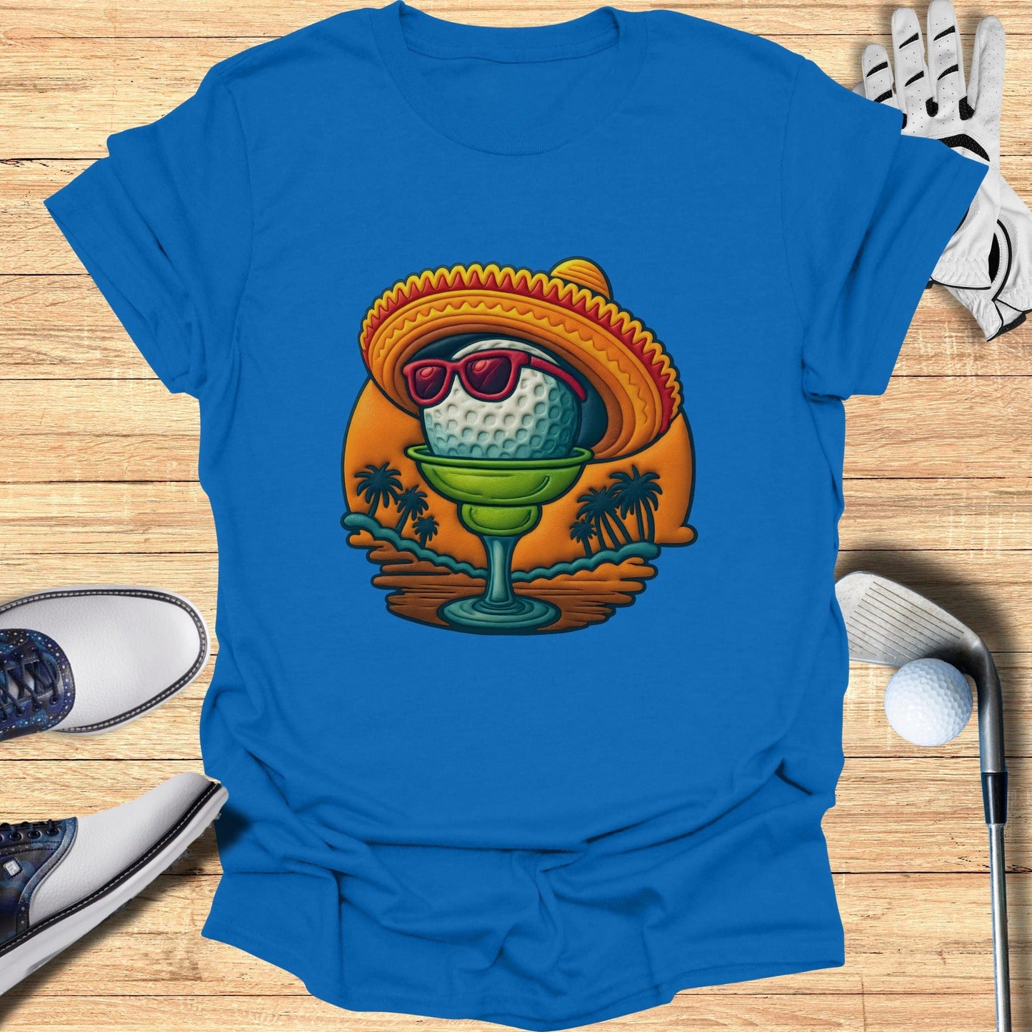 Funny Golf Ball Sombrero Palm Trees Sunset T-Shirt