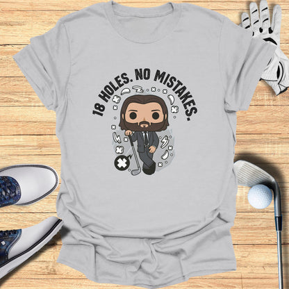 T-shirt with cartoon golfer and "18 HOLES. NO MISTAKES." text.