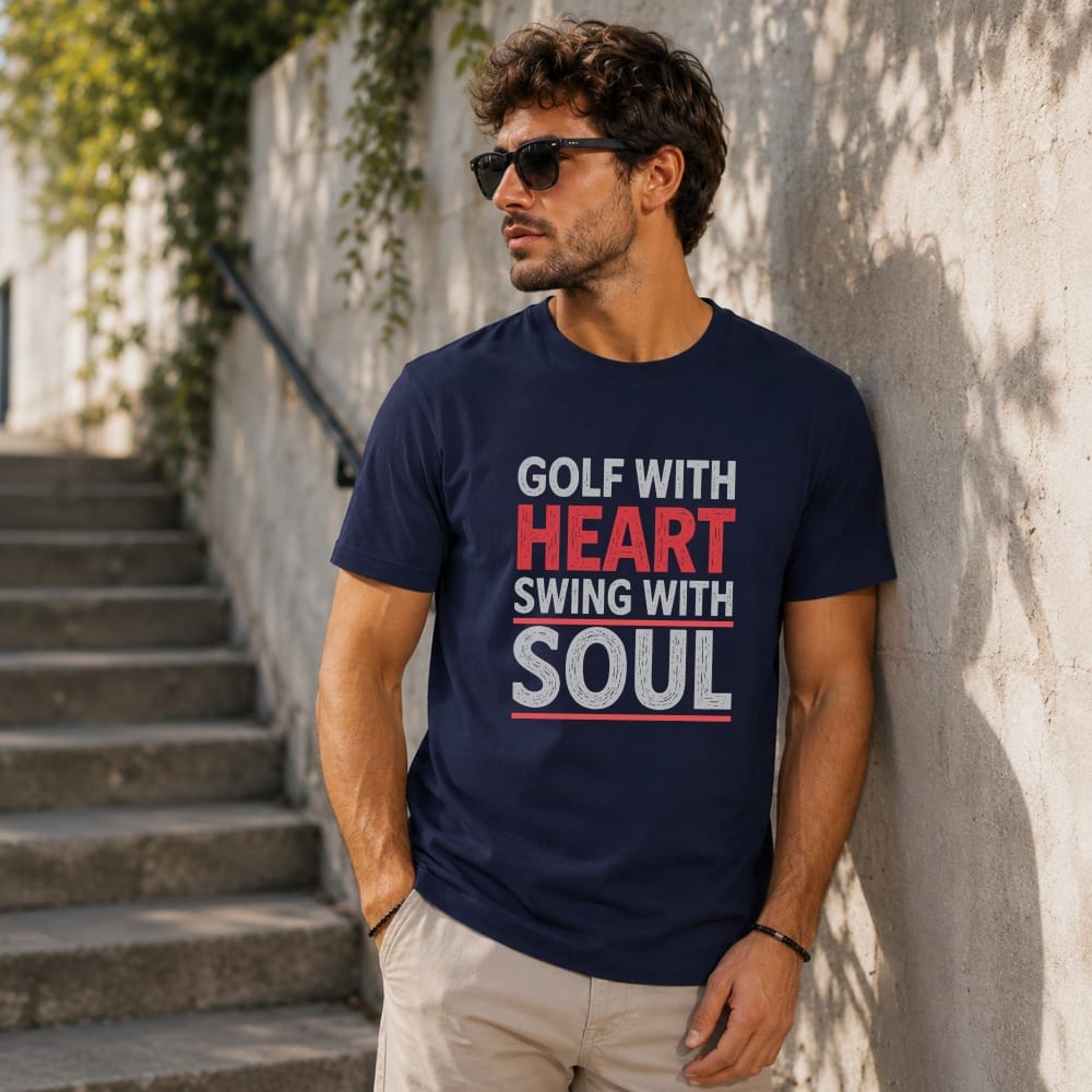 Man wearing navy t-shirt with "GOLF WITH HEART SWING WITH SOUL" text.