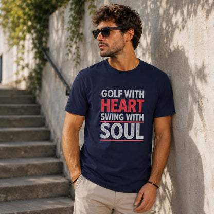 Man wearing navy t-shirt with "GOLF WITH HEART SWING WITH SOUL" text.