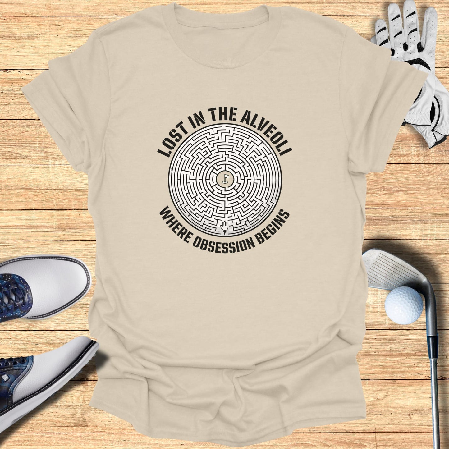 T-shirt with maze design: "Lost in the alveoli where obsession begins."