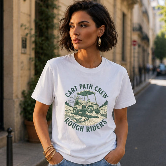 White t-shirt with "Cart Path Crew Rough Riders" graphic.