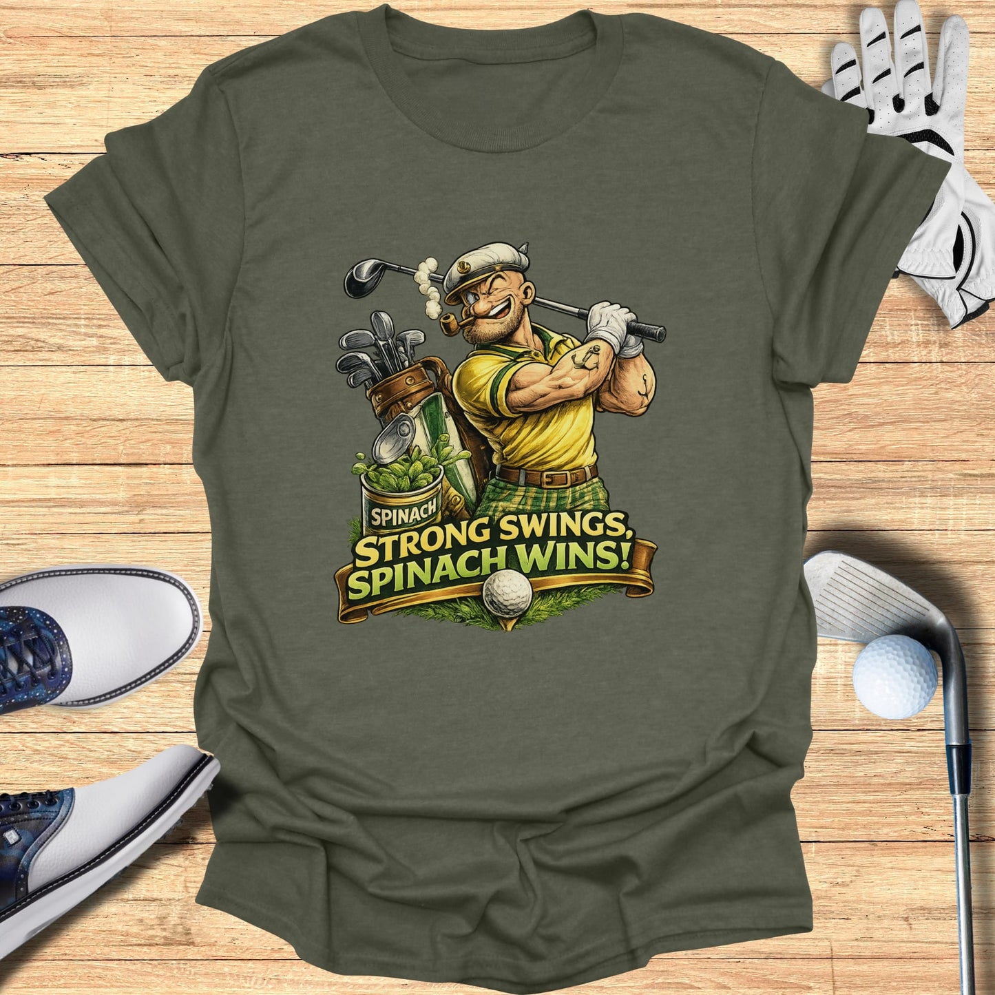 Man in golf attire with text "SPINACH, STRONG SWINGS, SPINACH WINS!"