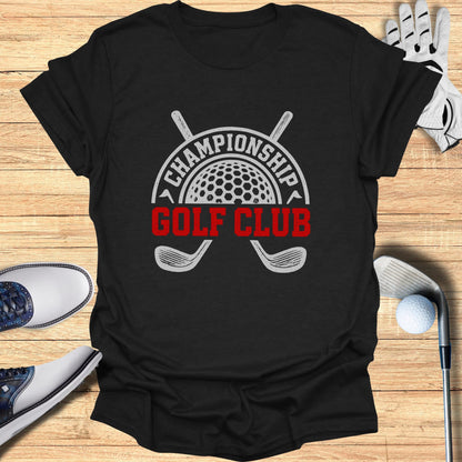 Black t-shirt with "Championship Golf Club" logo and crossed golf clubs.