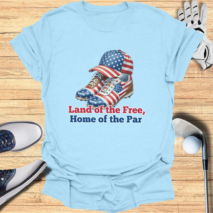 Light blue t-shirt with American flag golf shoes and hat, text "Land of the Free, Home of the Par".