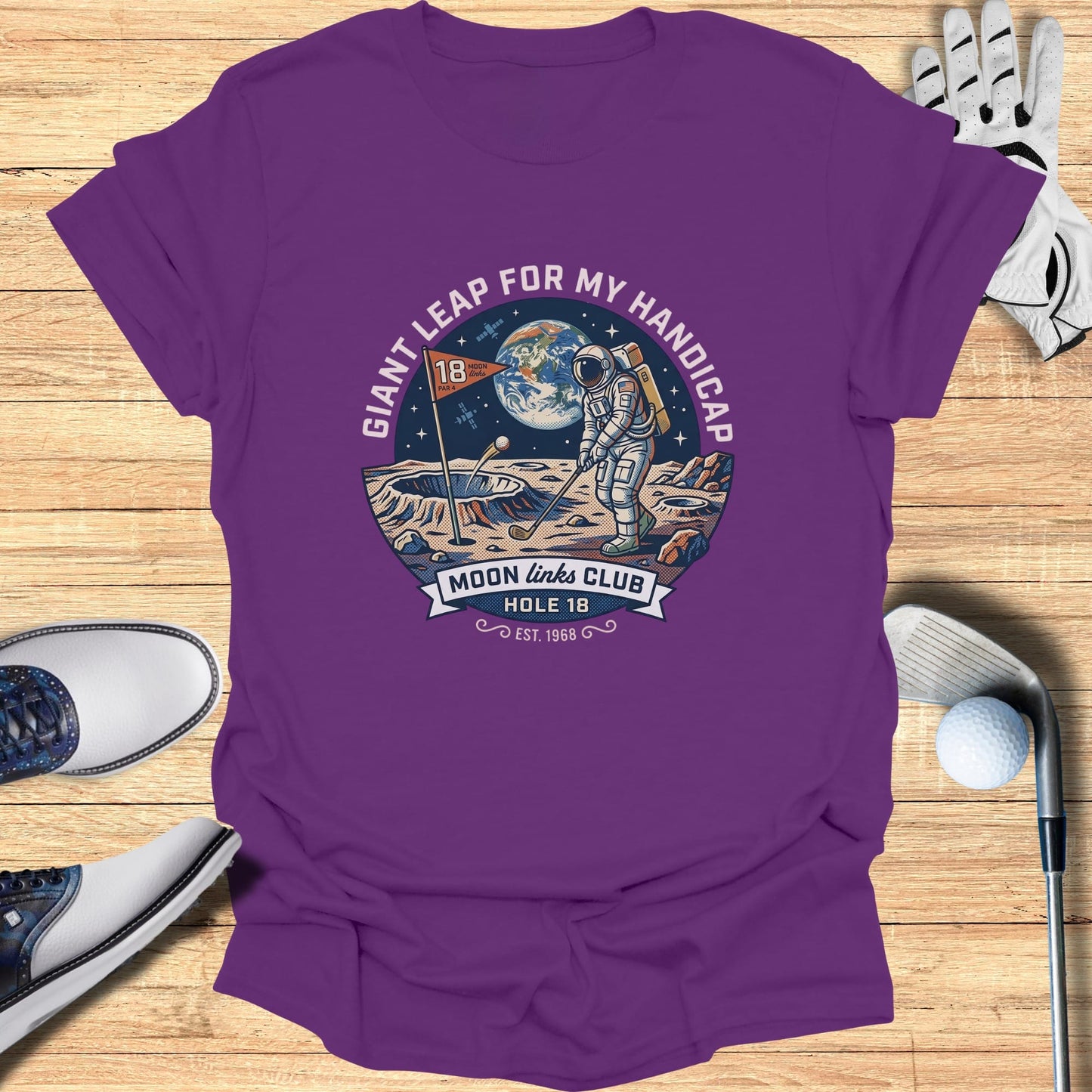 Golf graphic with astronaut teeing off on the moon, "Moon Links Club".