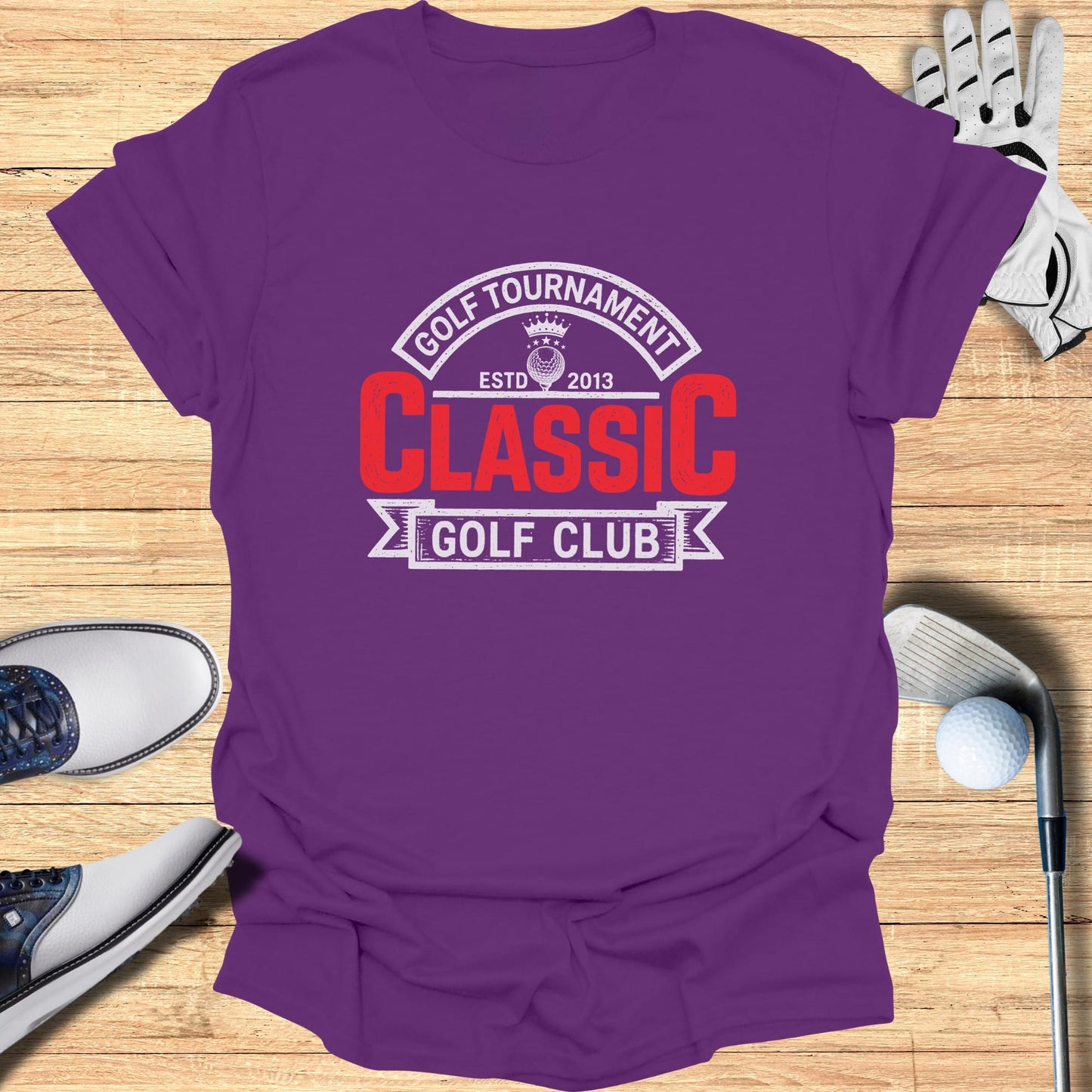 Purple t-shirt with "Golf Tournament Classic" and "2013 Golf Club" text.