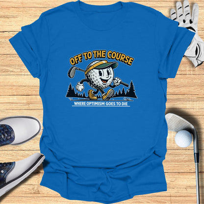 Blue t-shirt with cartoon golfer and text "OFF TO THE COURSE".