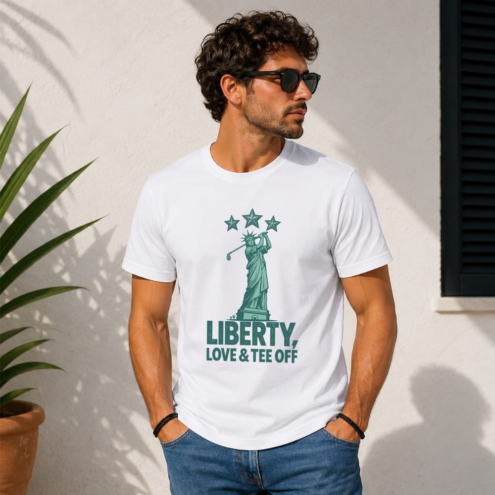 Man wearing white t-shirt with Statue of Liberty golf graphic and text.