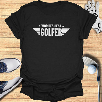 Black t-shirt with white text that reads "WORLD'S BEST GOLFER" in a winged design.