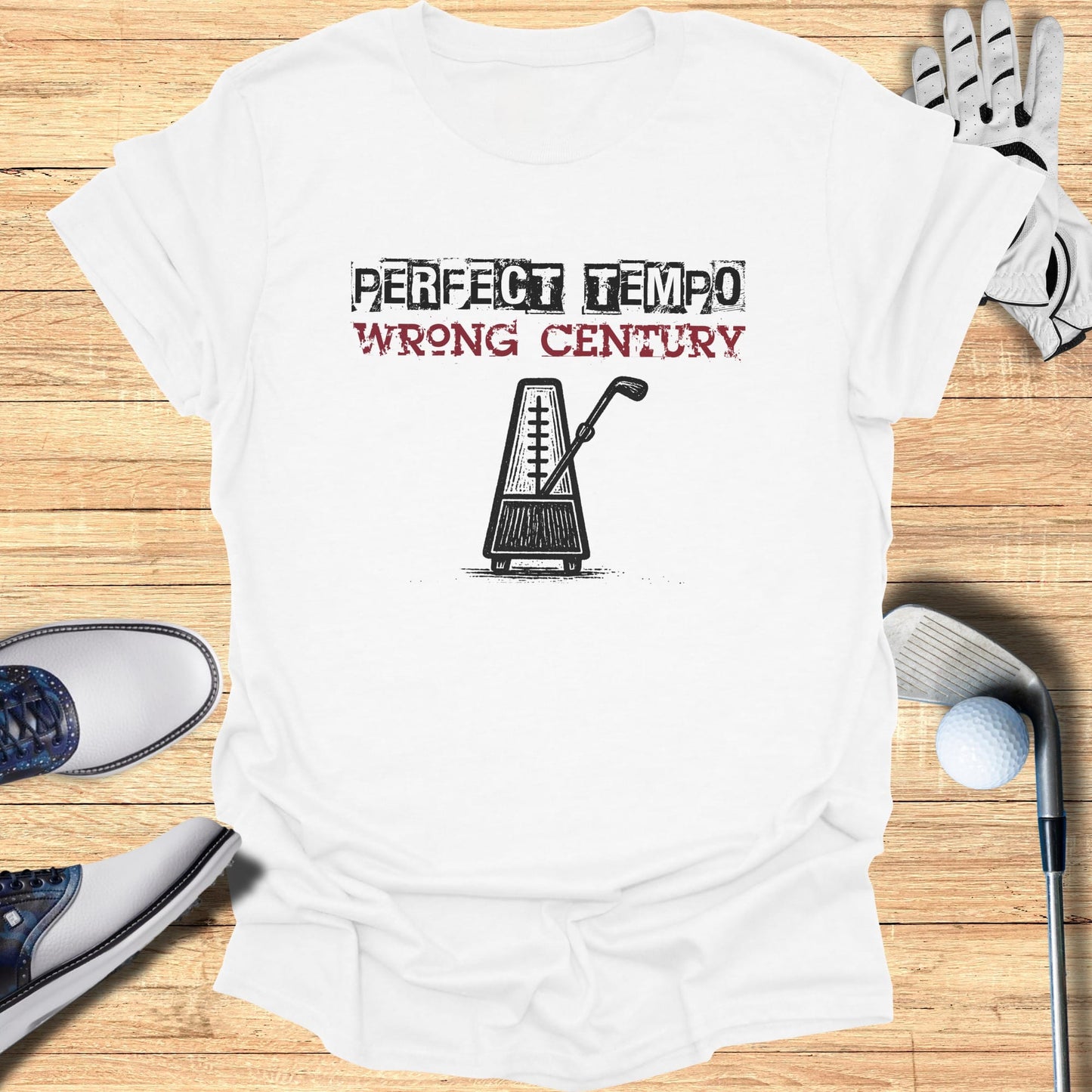 T-shirt with a metronome and text "PERFECT TEMPO WRONG CENTURY".