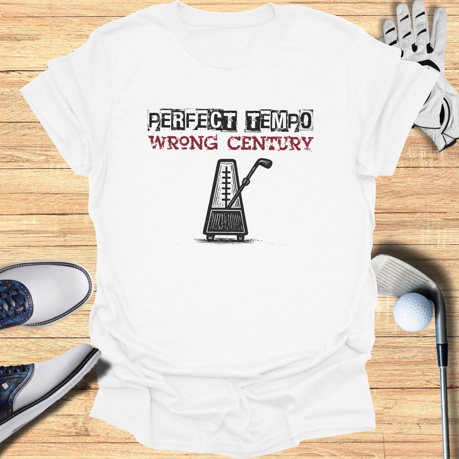 T-shirt with a metronome and text "PERFECT TEMPO WRONG CENTURY".