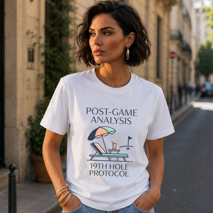 Woman wearing white t-shirt with "POST-GAME ANALYSIS 19TH HOLE PROTOCOL" text and graphic.