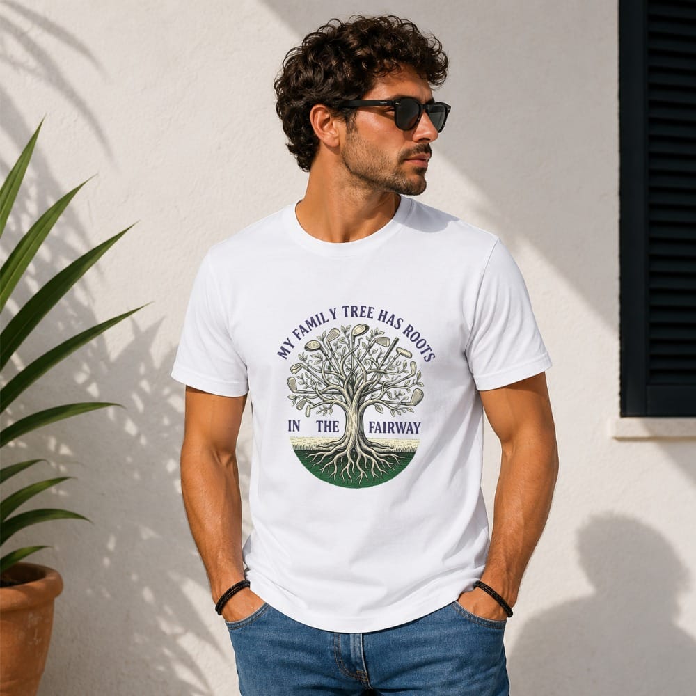 White t-shirt with a golf tree graphic and text: "My family tree has roots in the fairway."