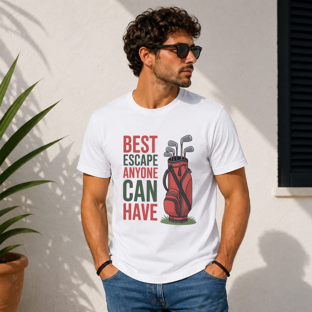 White t-shirt with "BEST ESCAPE ANYONE CAN HAVE" and golf bag graphic.