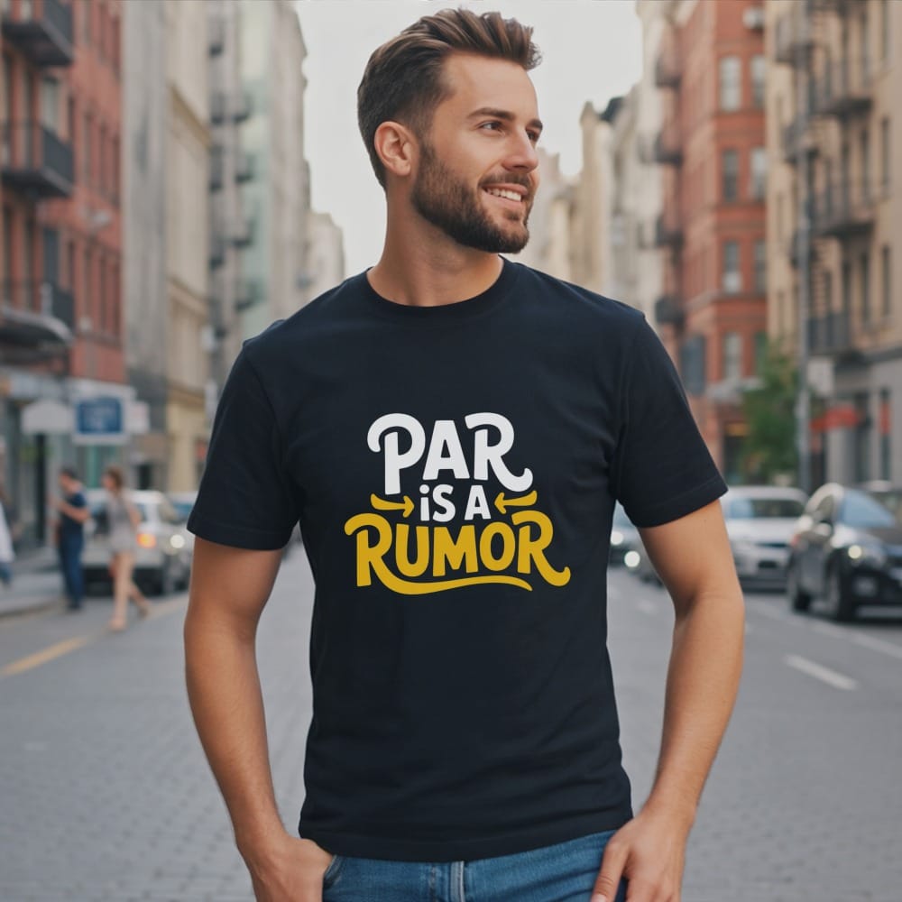 Man wearing a black t-shirt with yellow text that reads "par is a rumor."