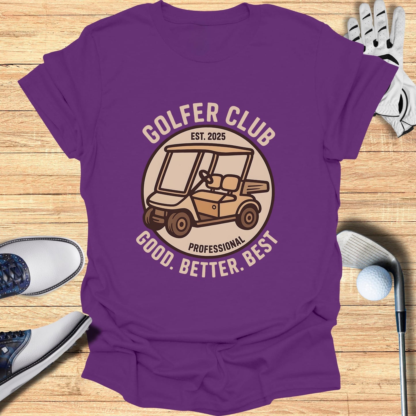 Purple t-shirt with a circular graphic for "Golfer Club" and a golf cart.