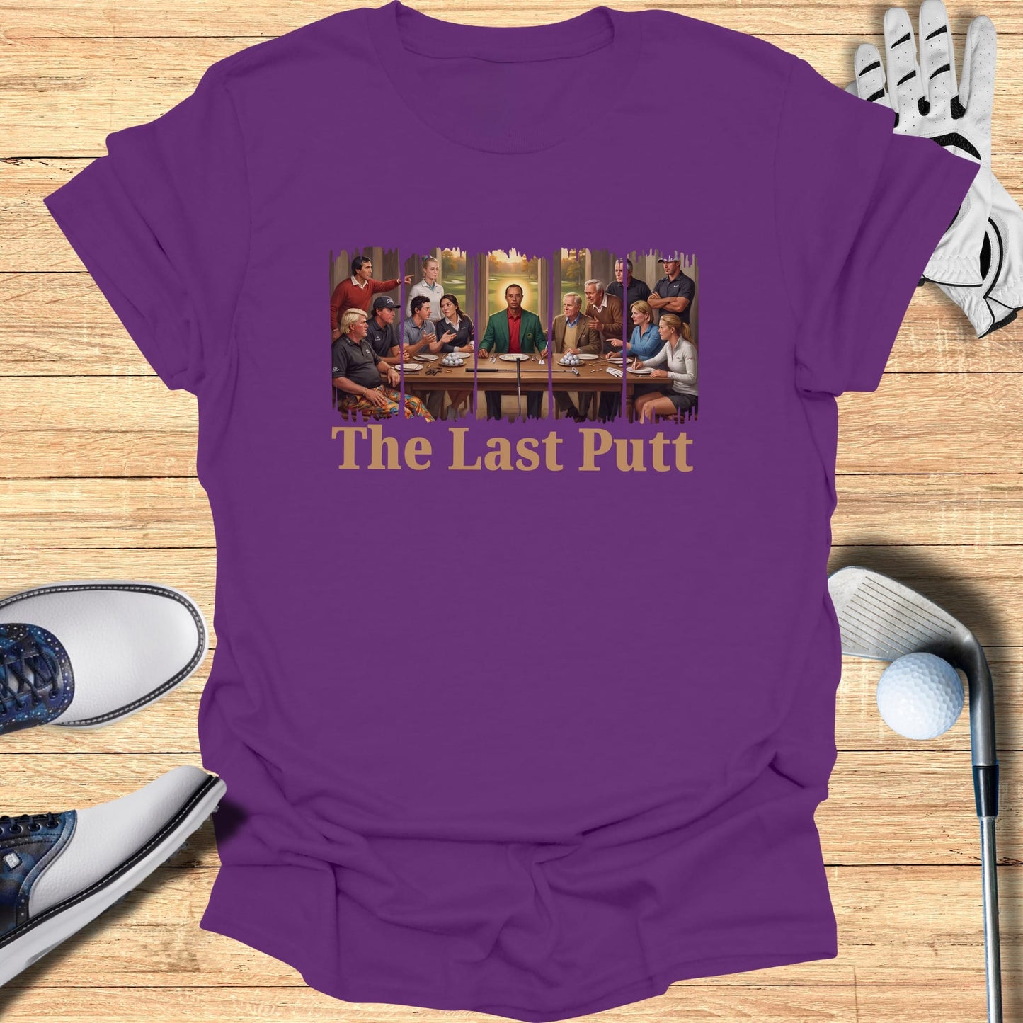 T-shirt with a painting of golfers around a table, titled "The Last Putt".