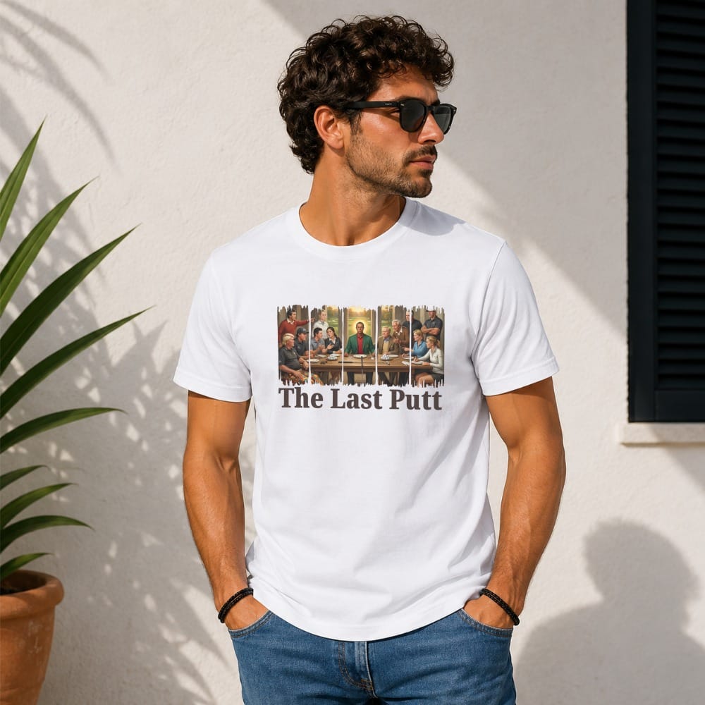 White t-shirt with "The Last Putt" design featuring a golf-themed Last Supper scene.
