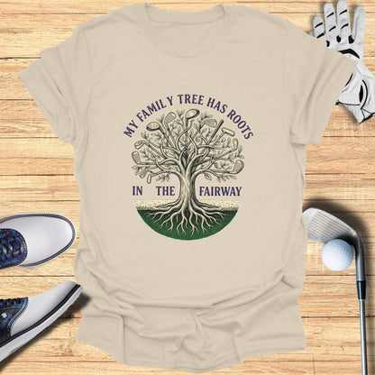 T-shirt with a tree whose branches are golf clubs and roots are grass.