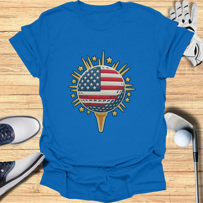 American Flag Golf Ball Design on Blue T-Shirt