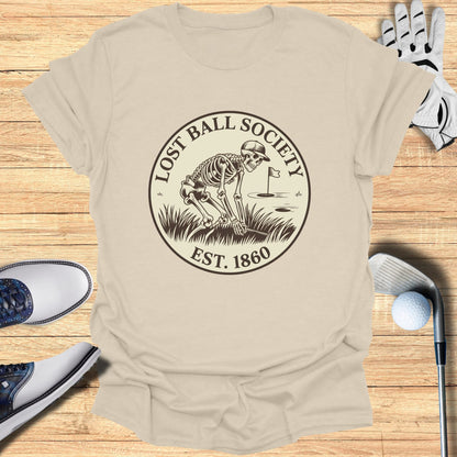 T-shirt with Lost Ball Society logo, skeleton playing golf, est. 1860.