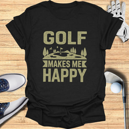 Golf makes me happy text with golf course graphic on t-shirt.