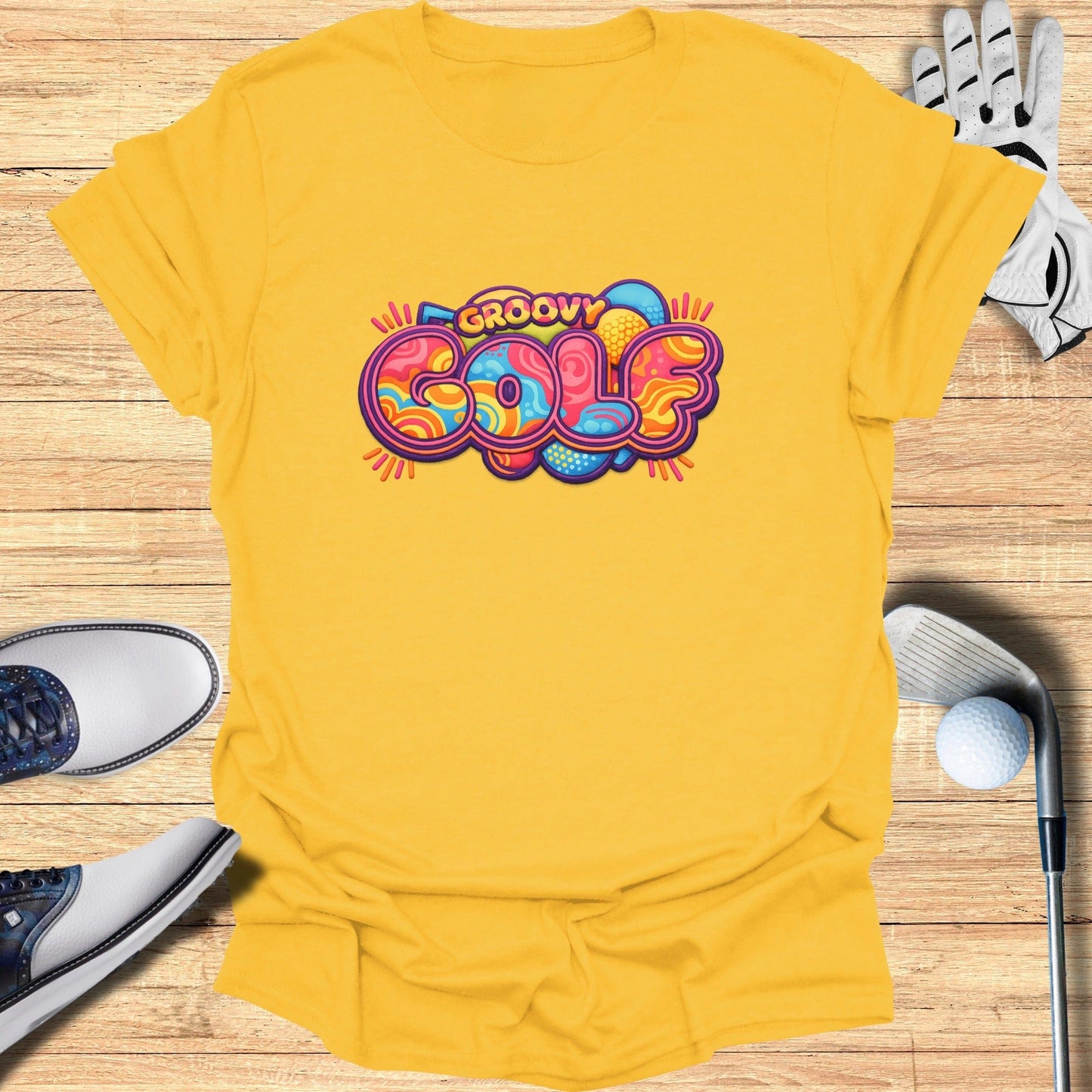 Yellow Groovy Golf Artistic Typography T-shirt