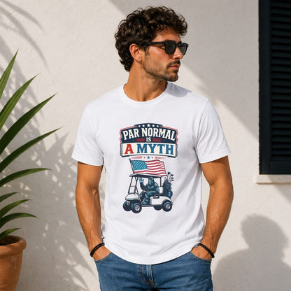Man in white t-shirt with "Par Normal is a Myth" golf graphic.