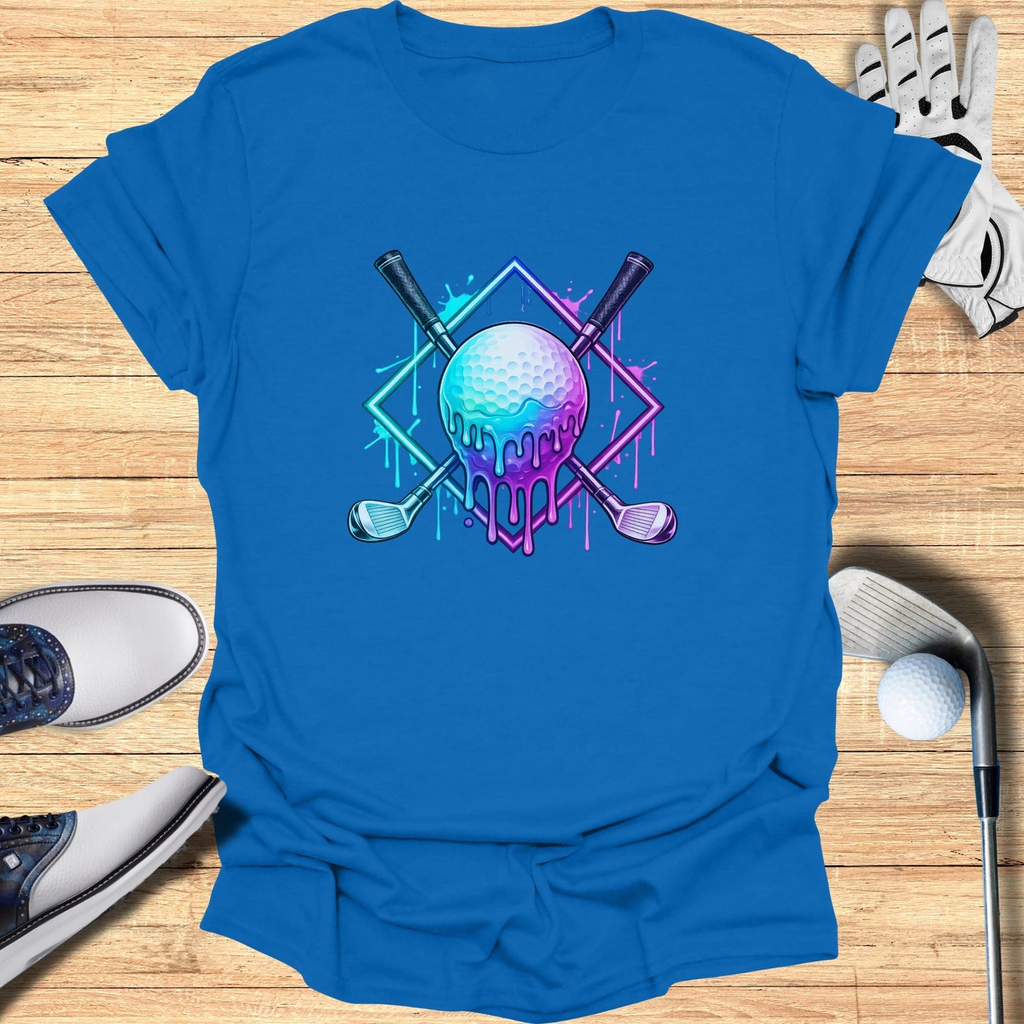 Golf ball and clubs with dripping neon paint design.