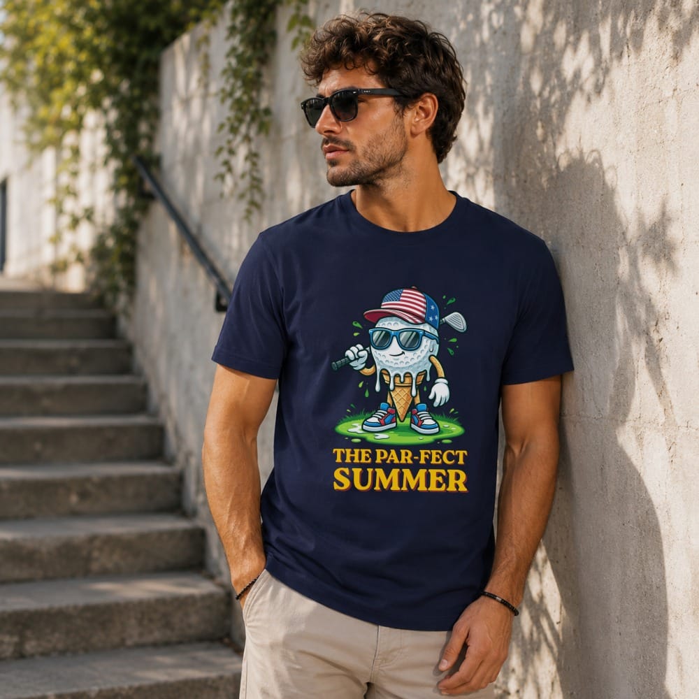 Man wearing navy t-shirt with "The Par-fect Summer" graphic featuring a golf ball ice cream cone.