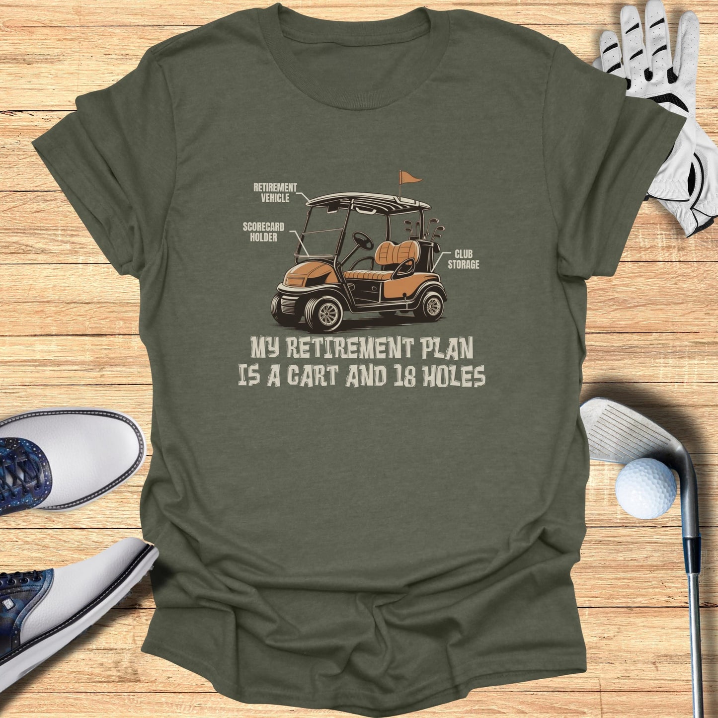 Golf cart illustration with text about retirement plans.