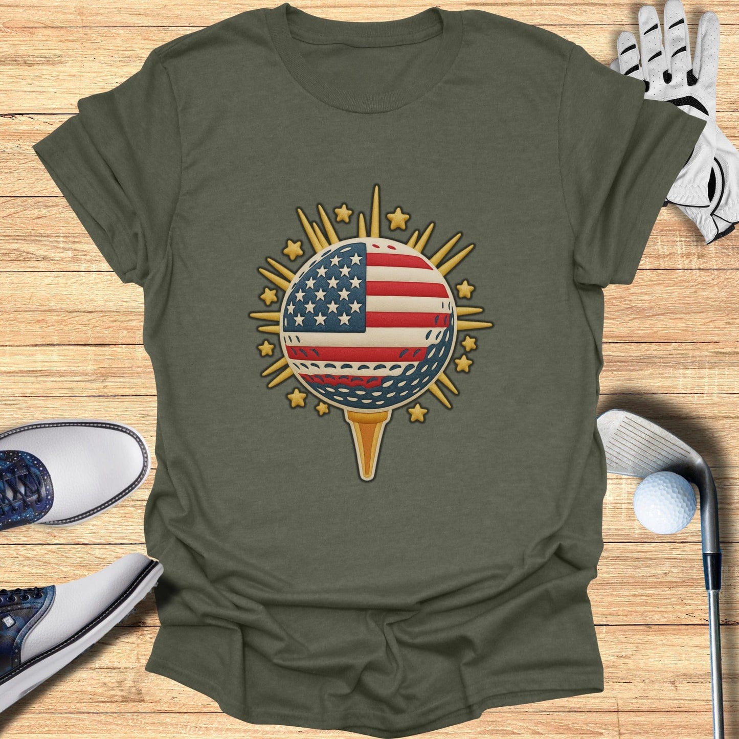 American Flag Golf Ball Sunburst Stars T-shirt