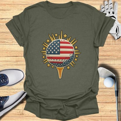 American Flag Golf Ball Sunburst Stars T-shirt