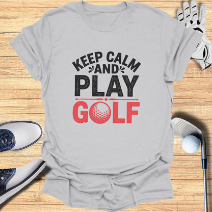 Gray t-shirt with "Keep Calm and Play Golf" text and golf ball graphic.