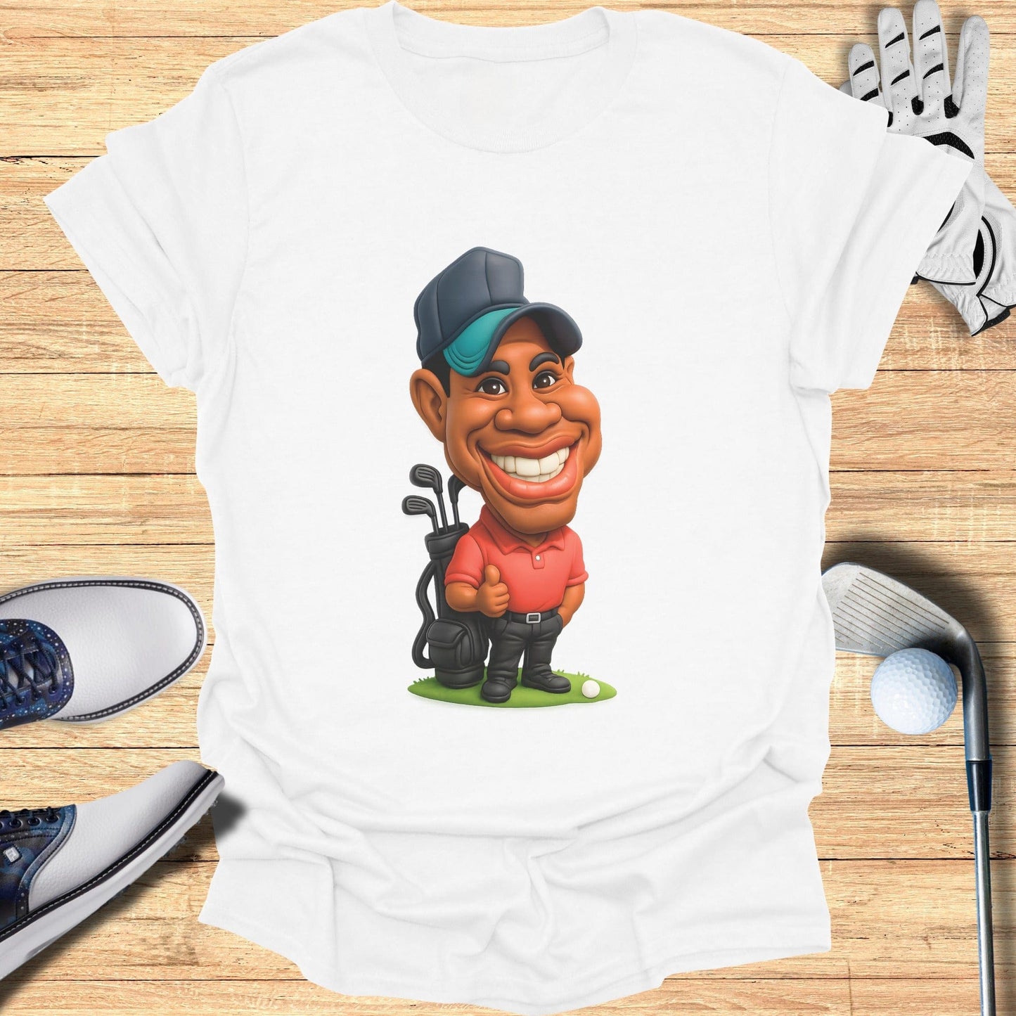 Cartoon Golf Character Printed White T-Shirt