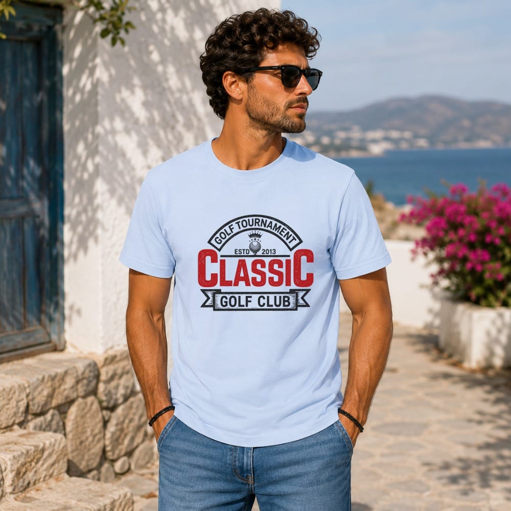 Light blue t-shirt with "Golf Tournament Classic Golf Club" text and logo.