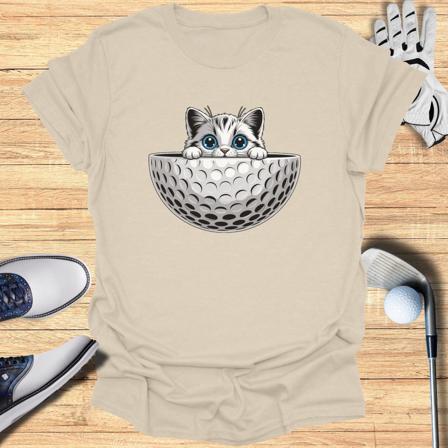 Cute Golf Cat Peeking Over Golf Ball Design Shirt