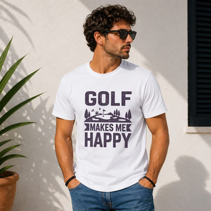 White t-shirt with "GOLF MAKES ME HAPPY" graphic and golf course illustration.