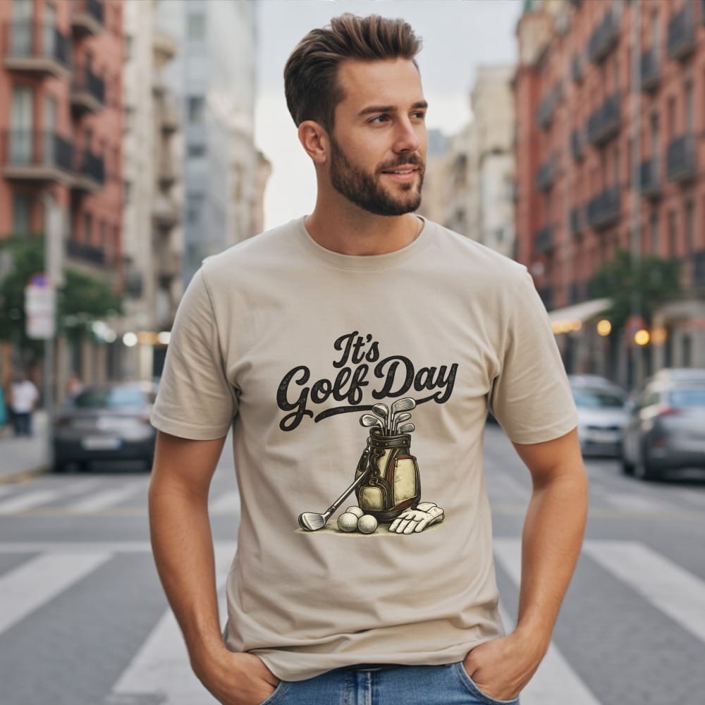 Man wearing a tan t-shirt with "It's Golf Day" and golf bag graphic.