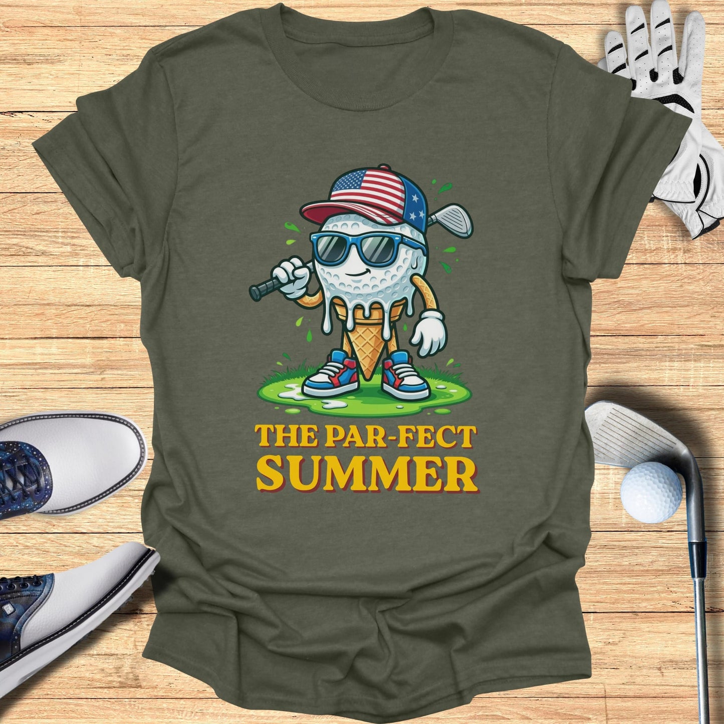 Ice cream cone golf character with sunglasses and American flag hat.