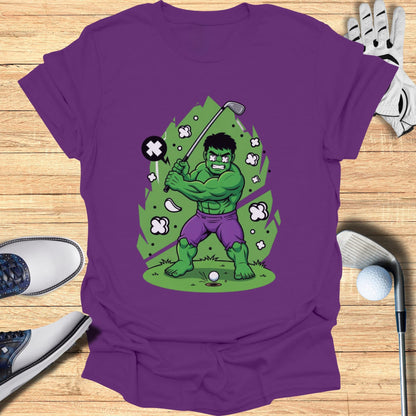 Hulk swinging a golf club, wearing purple shorts and a green shirt.