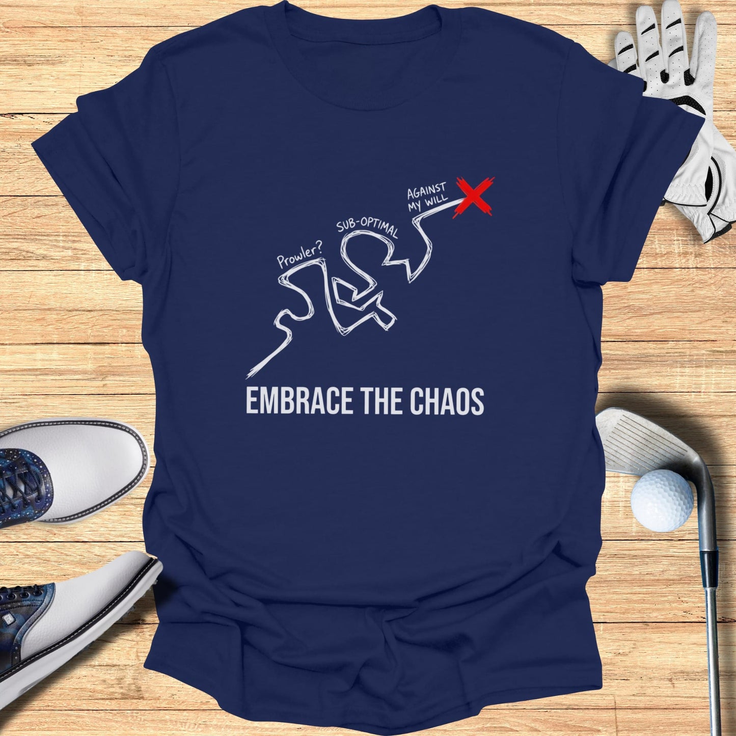 Navy t-shirt with "Embrace the Chaos" and a chaotic diagram.