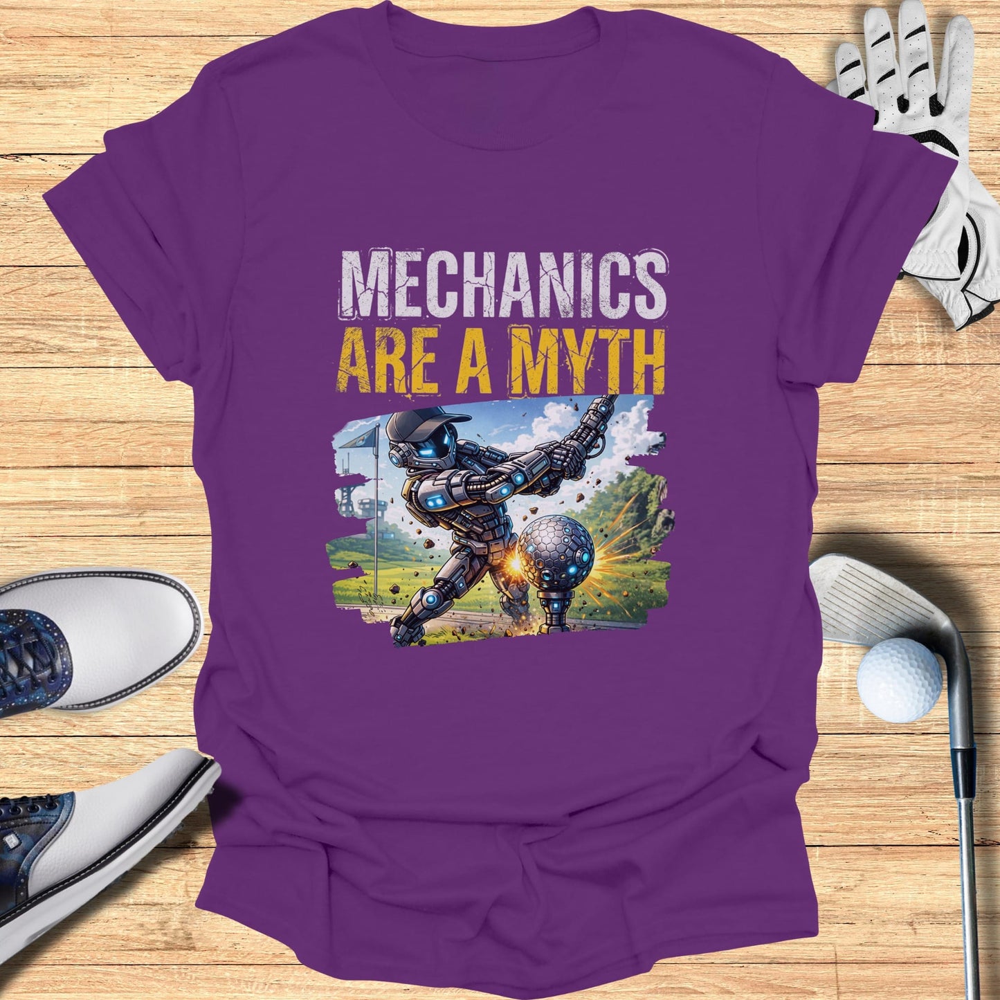 Robot playing golf with text "Mechanics Are A Myth".
