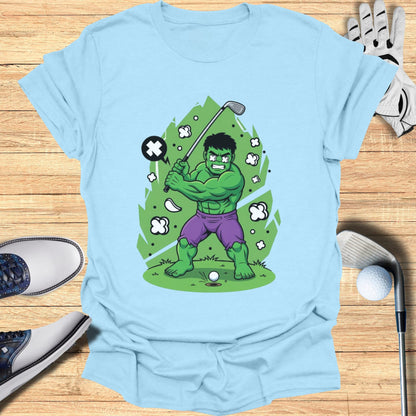 Hulk swinging a golf club at a golf ball, light blue t-shirt.