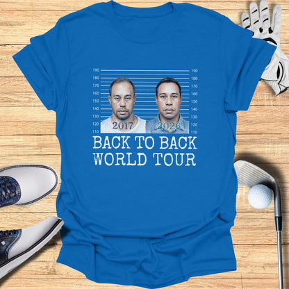Tiger Woods mugshot graphic with "2017" and "2026" on blue t-shirt.