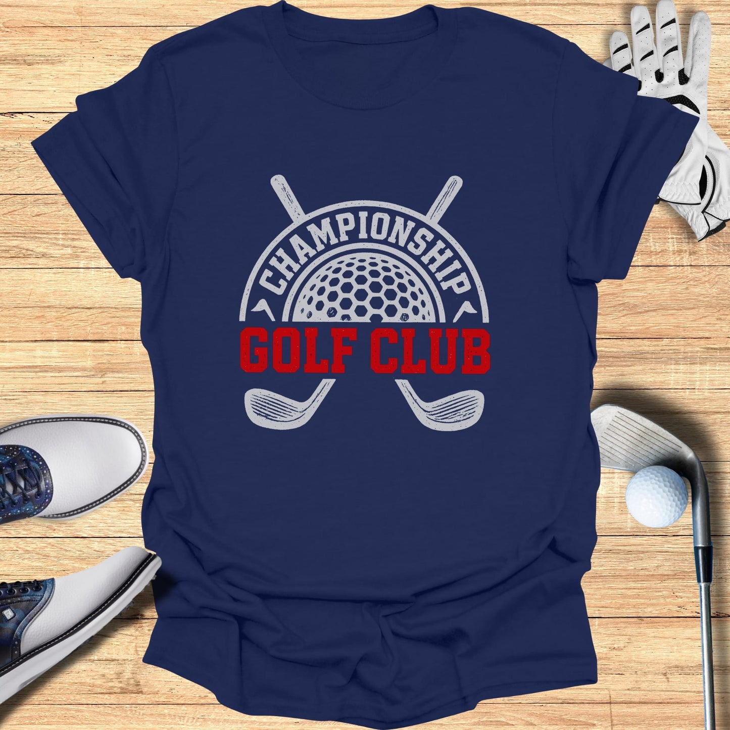 Navy t-shirt with "Championship Golf Club" text and crossed clubs graphic.