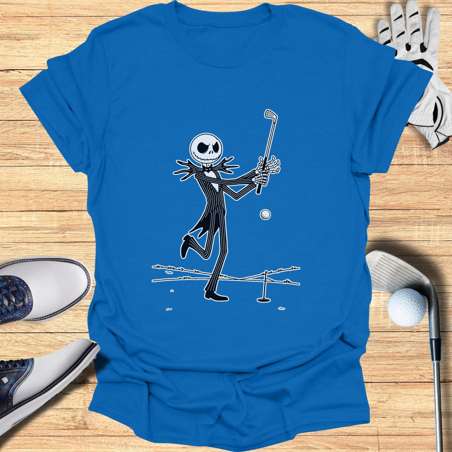 Jack Skellington swinging a golf club on a tee box.