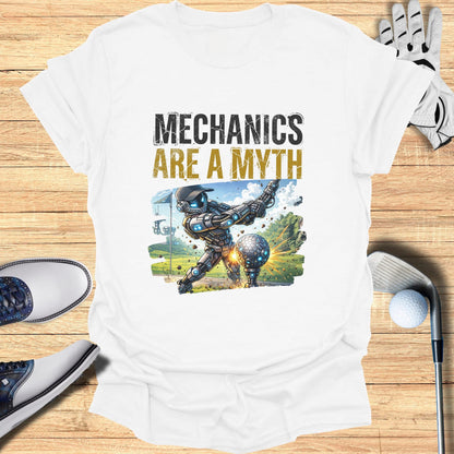 Robot golfer swings at ball with "Mechanics Are A Myth" text.